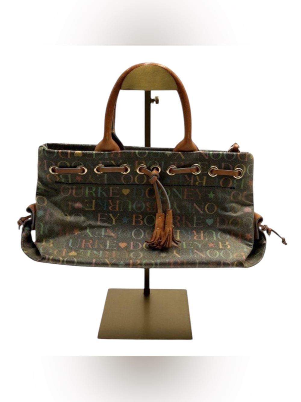 Dooney & Bourke Authentic Multicolor Logo Satchel with Tan Leather Handles